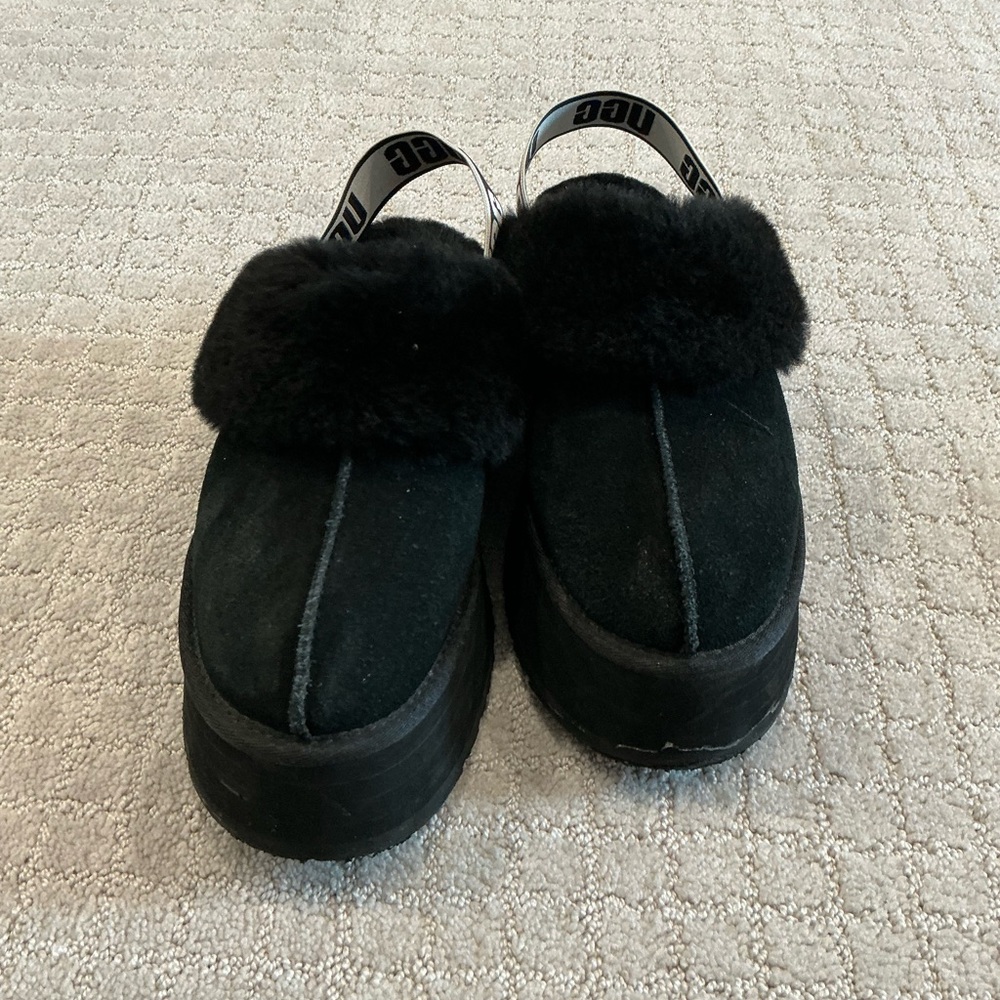 UGG Black Suede Shearling Platform Slingback Clogs